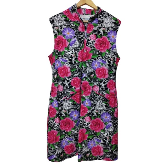 Ibkul Jovanna Sleeveless Dress Watermelon BlackFloral UPF‎ 50+ Golf Mock Dress - Picture 1 of 6